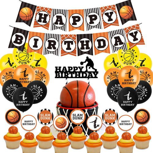 HAPPY BIRTHDAY Banner Foil Balloons Basketball Stickers Cupcake Toppers Cake Topper Birthday Decorations for Boys Girls Kids Teenagers Men Basketball Party Decorations Birthday Party Supplies 72Pcs
